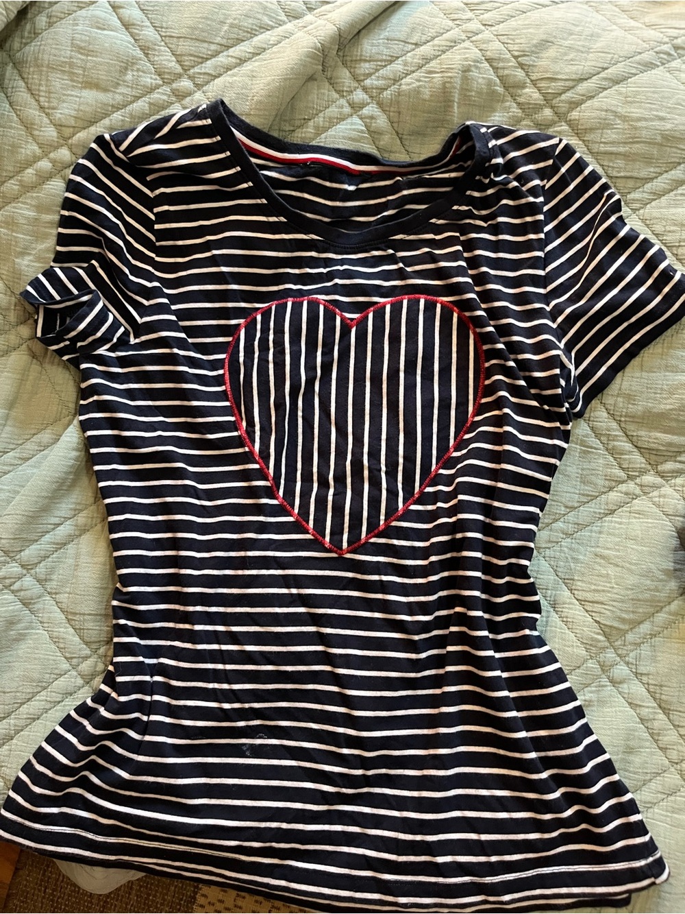 Tommy Hilfiger Navy and White Striped Short Sleeve Tee with Red Heart